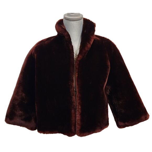 Vintage Faux Beaver Cropped Jacket Burgundy Brown Sz S Mob Wife - Picture 7 of 14